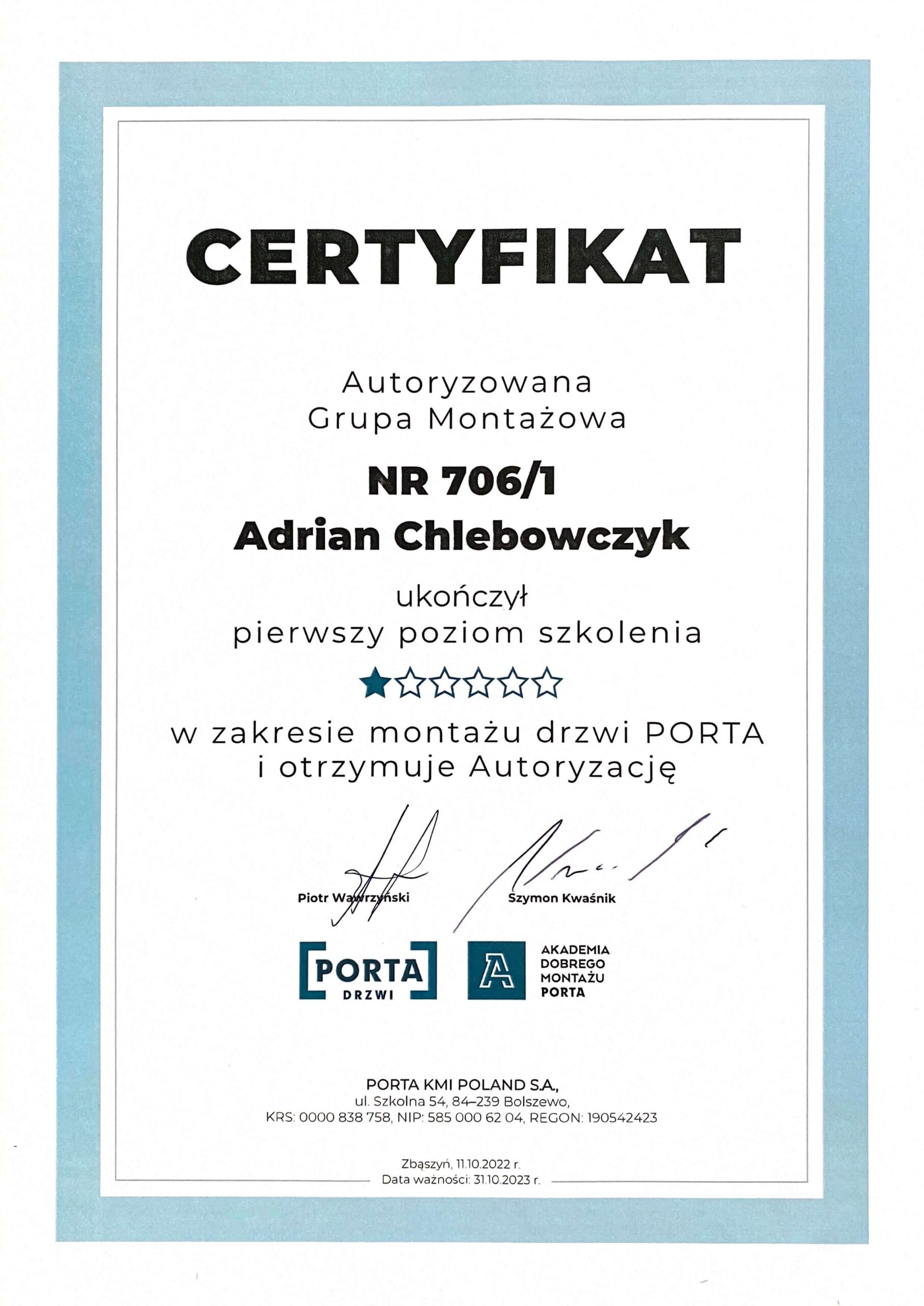 Certyfikat - nr 706/1 pierwszy poziom szkolenia